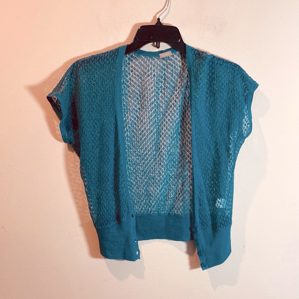 Vintage Halogen Cerulean Blue Mesh Knit Cap Sleeve Cardigan